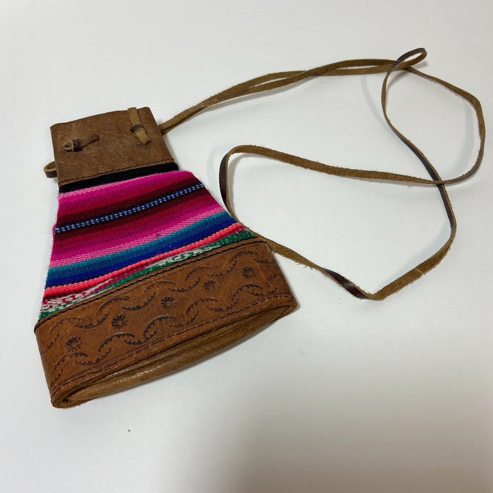 Handmade Peruvian Colorful Boho Hippie Woven Wool Bucket Leather tooled Mini Bag